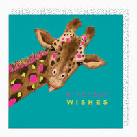 Giraffe Giggles birthday card with a brown giraffe on a teal background, featuring pink and yellow spots and Birthday Wishes.