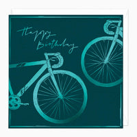 Cycling birthday card featuring teal bicycle illustrations on a dark green background with Happy Birthday text.
