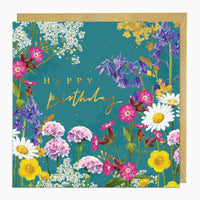 Bright Wildflowers Birthday card with colourful floral illustrations on a teal background and a gold envelope.