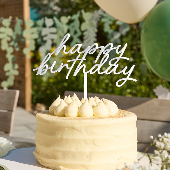 Cake Topper-HBBP111 - White Happy Birthday Acrylic Cake Topper-Hootyballoo
