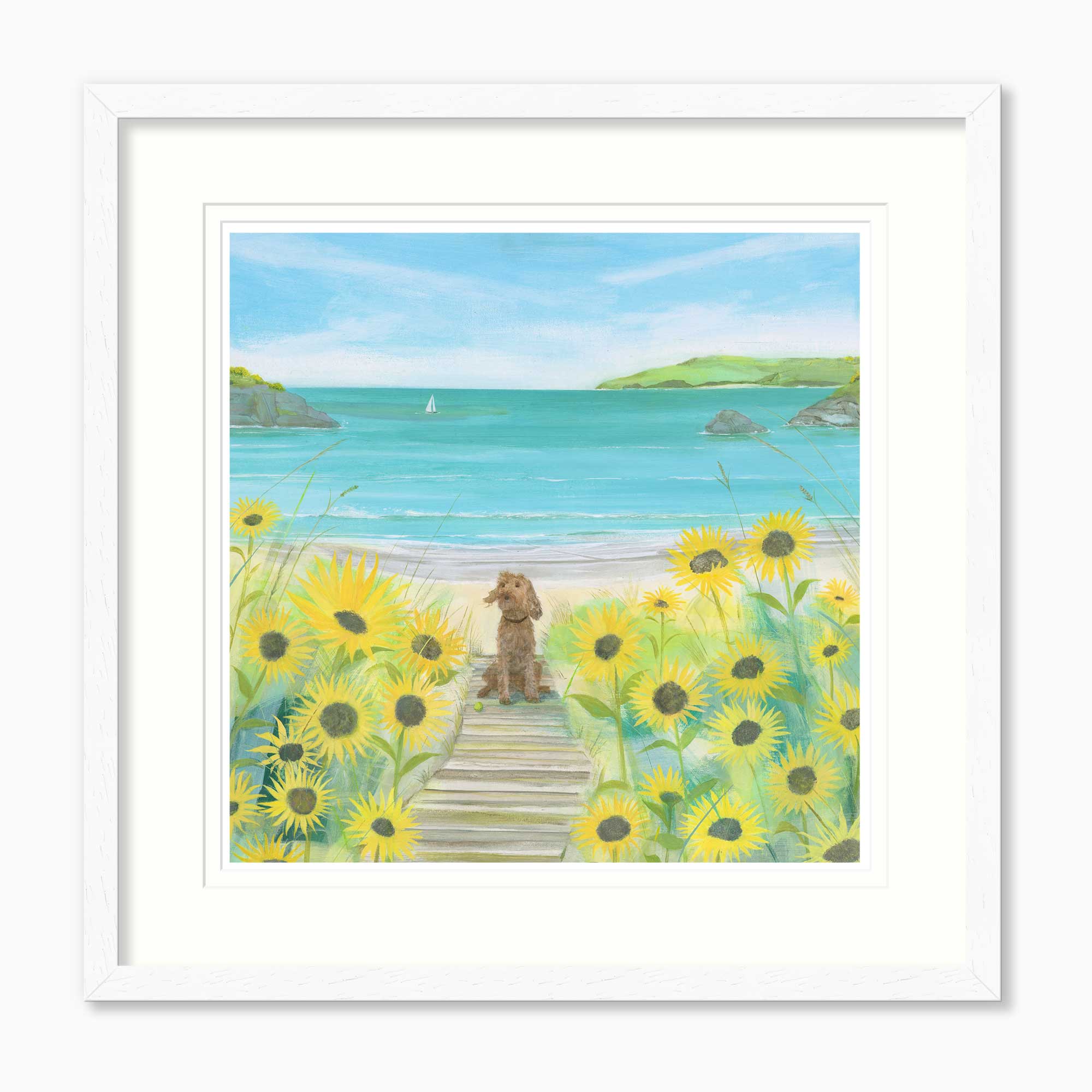 HC375F - Dudley in the Sunflowers Framed Print