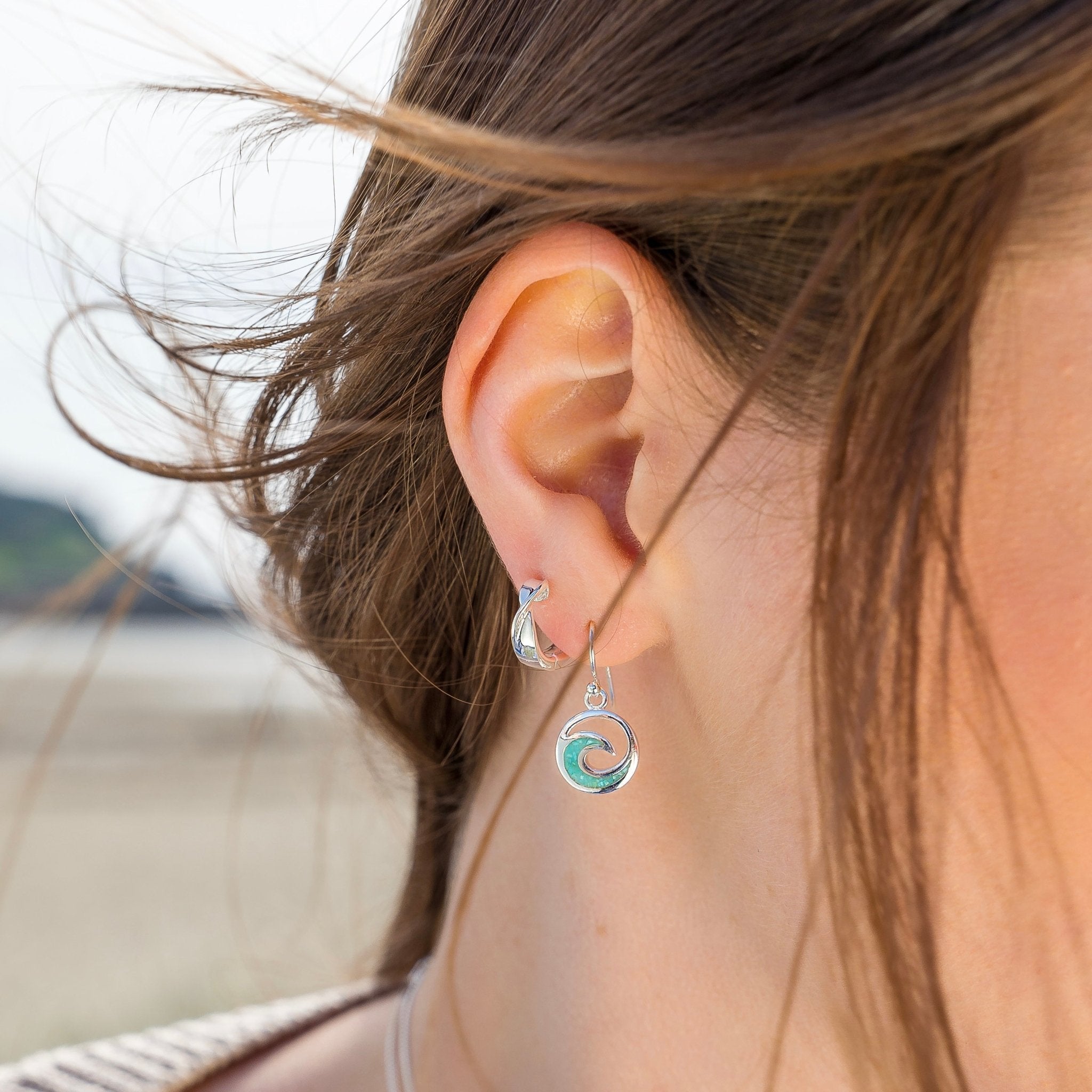 Earrings-P1129TQA - Ocean Wave Turquoise Silver Earrings-Sea Gems