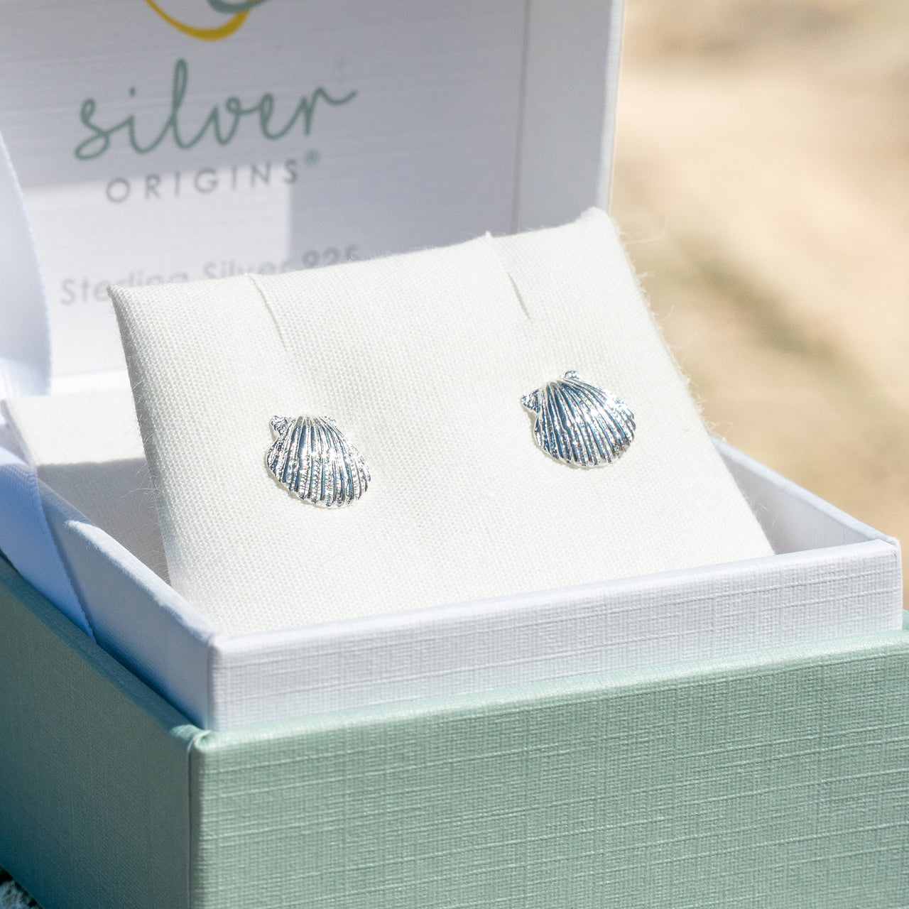 Earrings-P3448A - Scallop Shell Silver Stud Earrings-Sea Gems