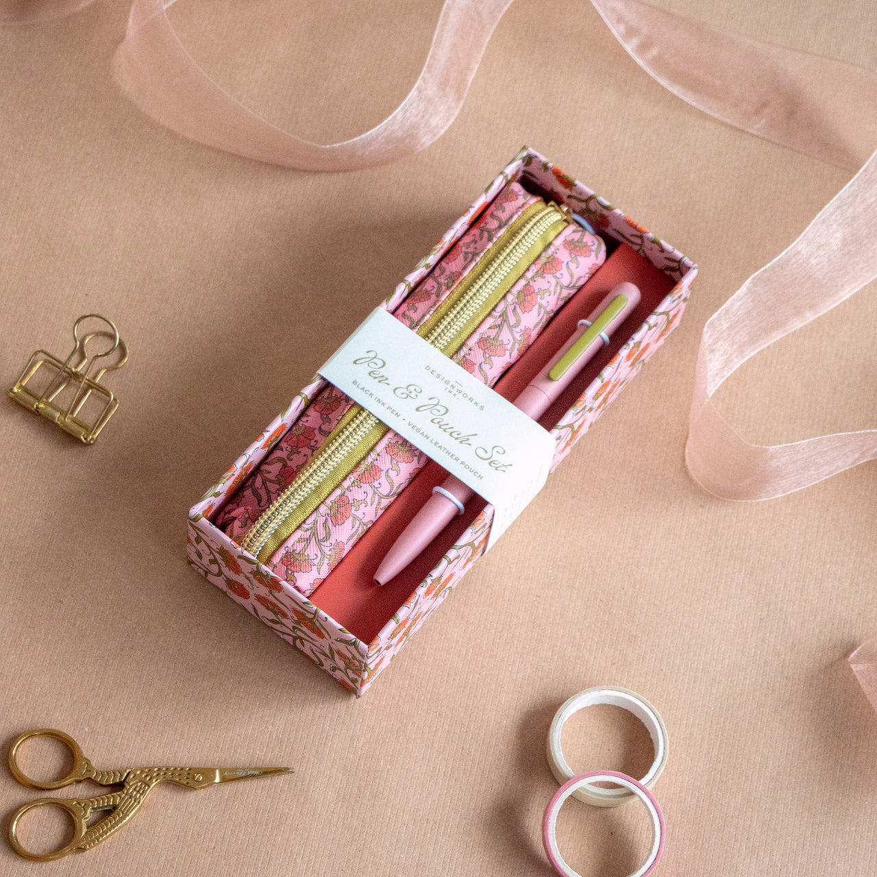 Pen & Pouch Set-PNP-1001EU - Pink Vintage Floral Pen & Pouch Set-Designworks Collective