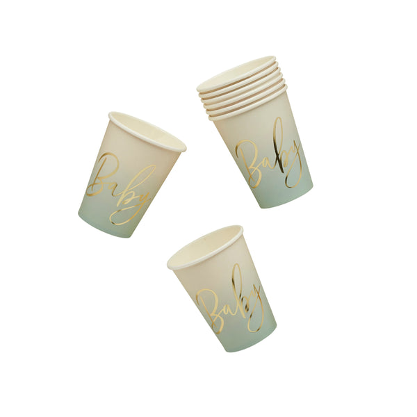 Paper Cups - HBBS212 - Neutral Sage 'Baby' Paper Plates 8pcs - Neutral Sage 'Baby' Paper Cups 8pcs - Whistlefish