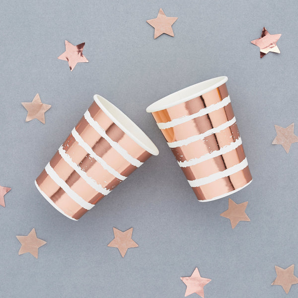 Paper Cups - HBMM138 - Rose Gold Striped Paper Cups 8pk - Rose Gold Striped Paper Cups 8pk - Whistlefish