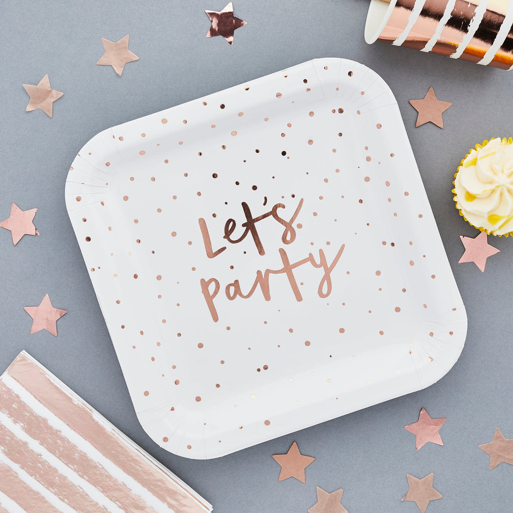 Paper Plates - HBMM142 - Rose Gold 'Let's Party' Paper Plates 8pc - Rose Gold Let's Party 9" Paper Plates 8pcs - Whistlefish