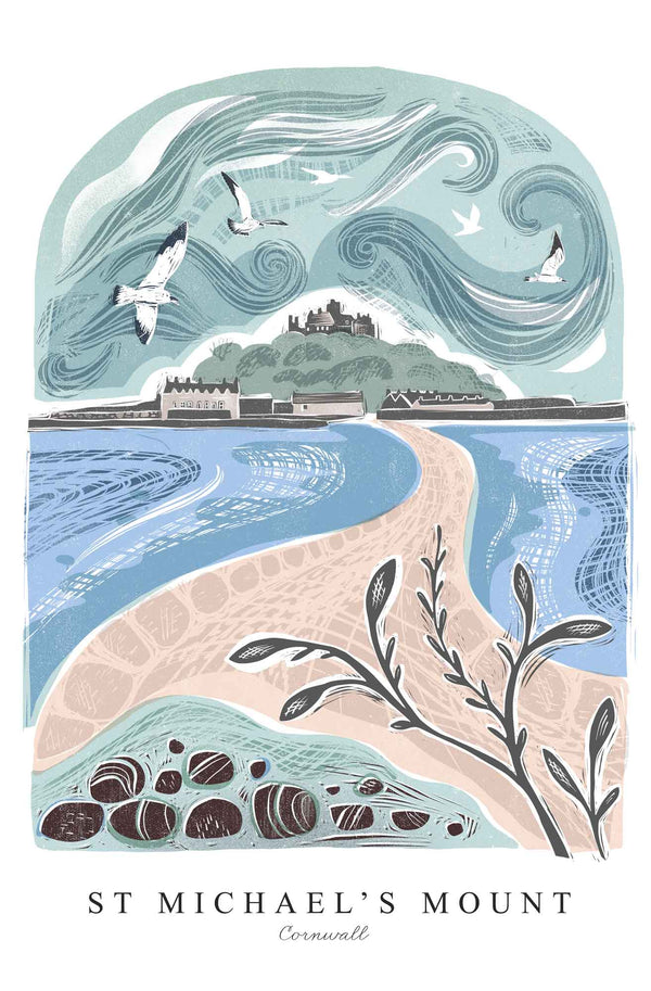 Print-WF1057P - Lino St Michael's Mount Art Print-Whistlefish