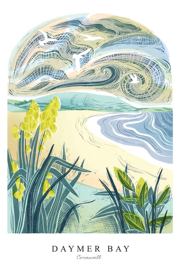 Print - WF941P - Daymer Bay Large Art Print - Daymer Bay Arched Lino Print - Art Print - Whistlefish