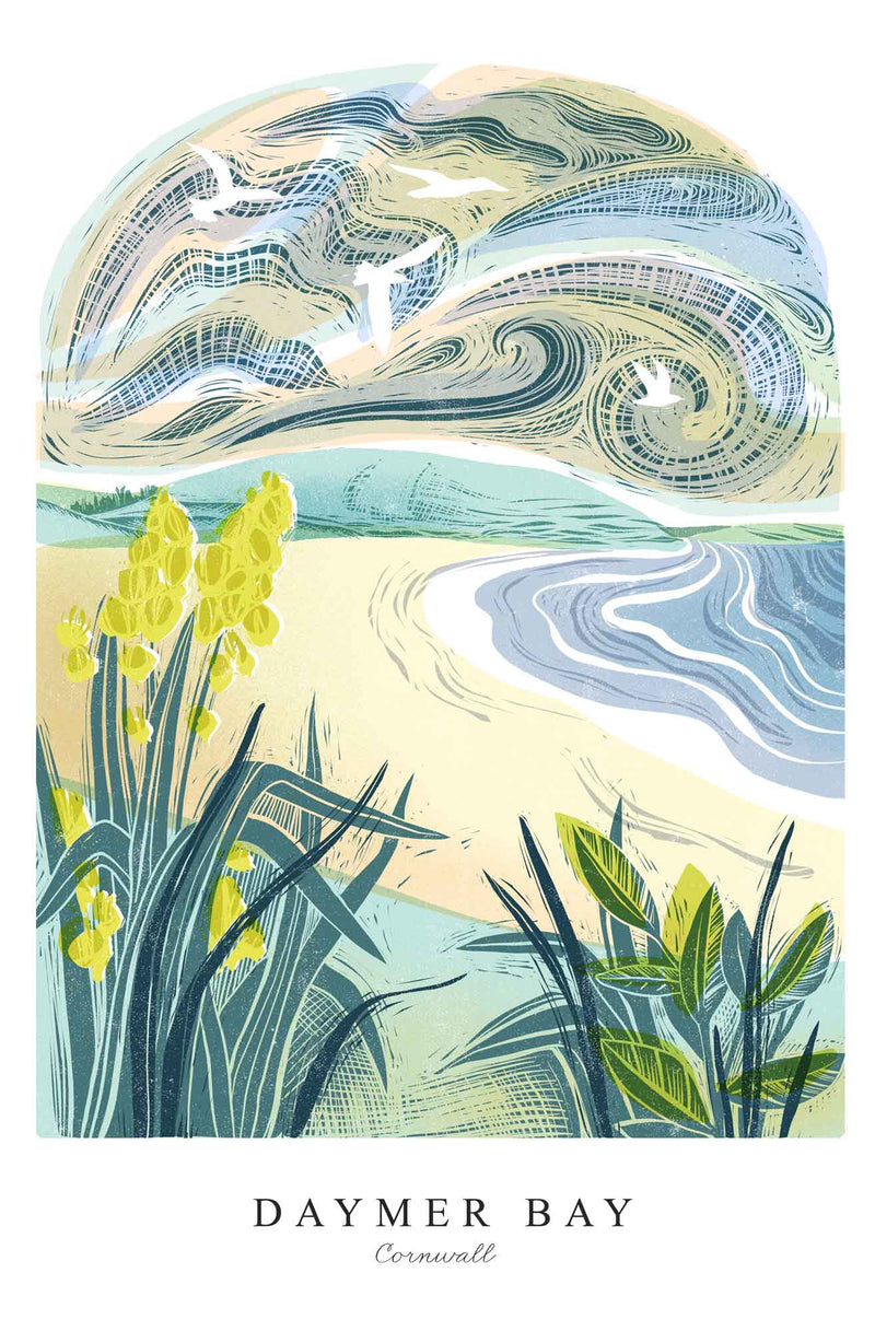 Print - WF941P - Daymer Bay Large Art Print - Daymer Bay Arched Lino Print - Art Print - Whistlefish