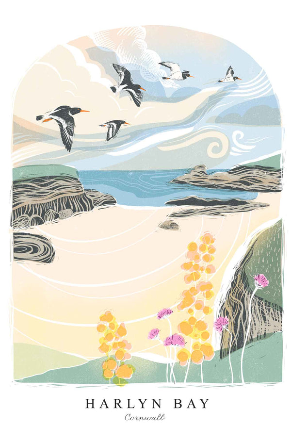 Print - WF942P - Harlyn Bay Large Art Print - Harlyn Bay Arched Lino Print - Art Print - Whistlefish