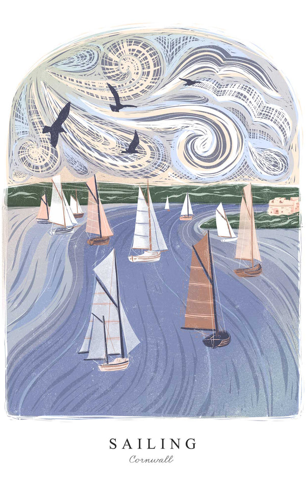 Print - WF952P - Sailing Arched Lino Art Print - Sailing Arched Lino Print - Art Print - Whistlefish