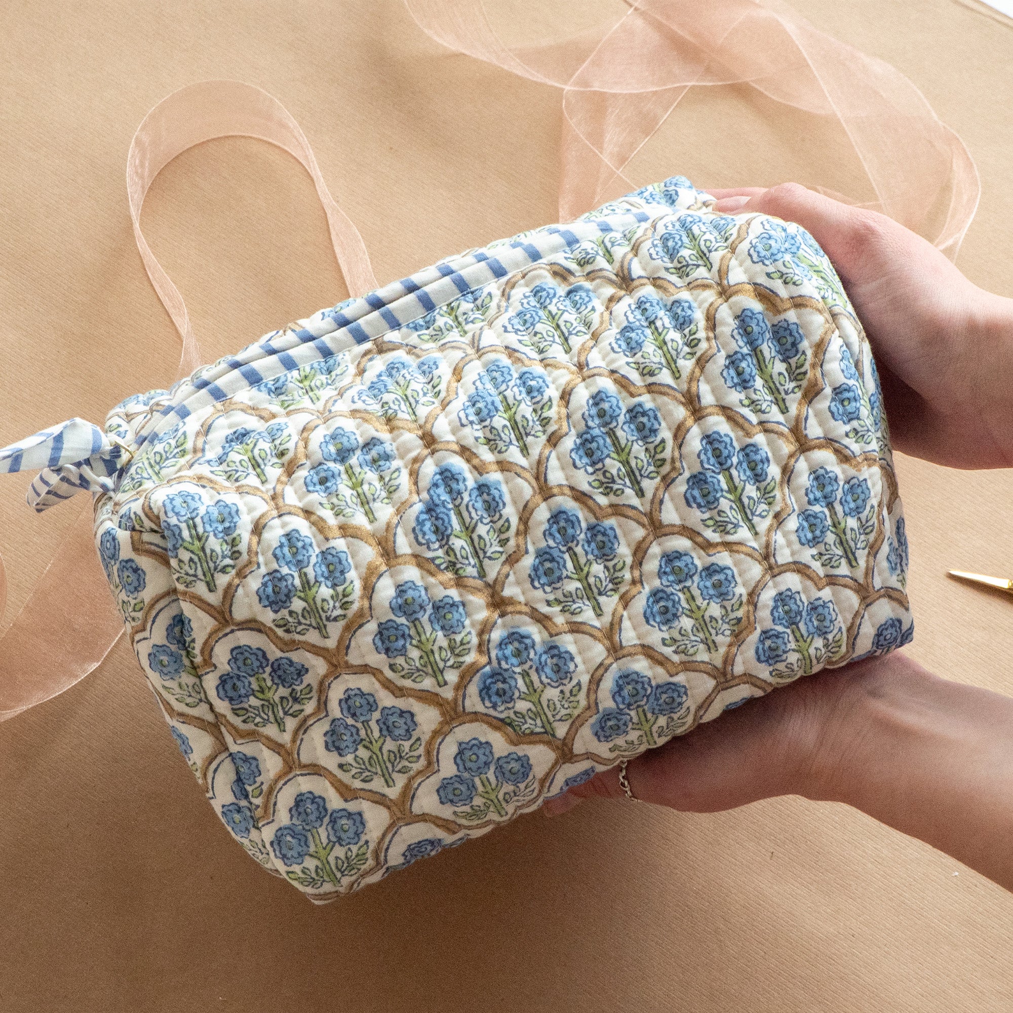 Cosmetic Bag-TOILBP06 - Trellis Indigo Large Cosmetic Bag-Paper Mirchi