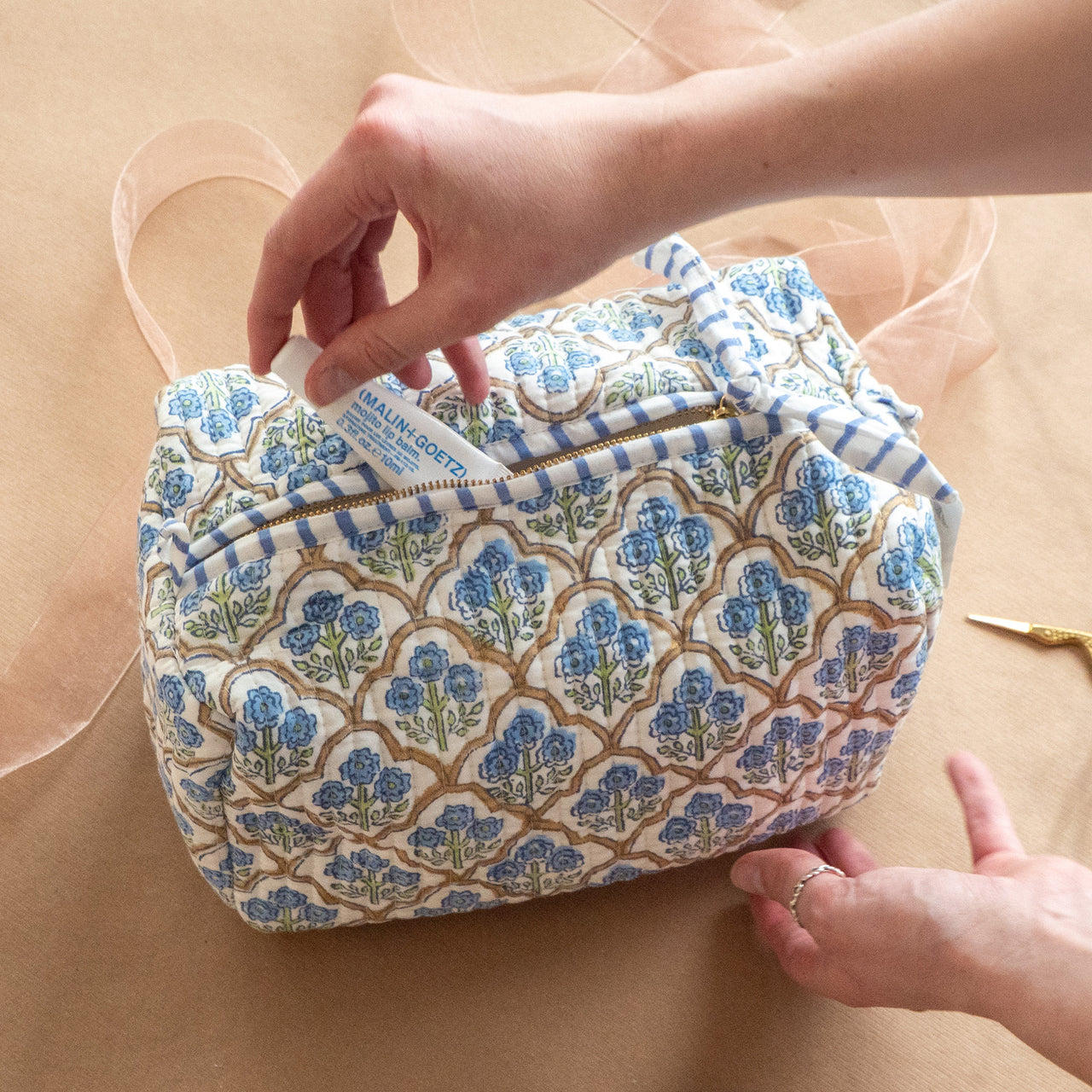 Cosmetic Bag-TOILBP06 - Trellis Indigo Large Cosmetic Bag-Paper Mirchi