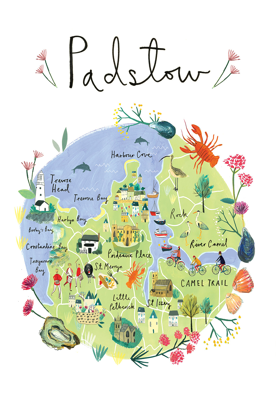 Tea Towel-CR02TT - Padstow Map Tea Towel-Clair Rossiter