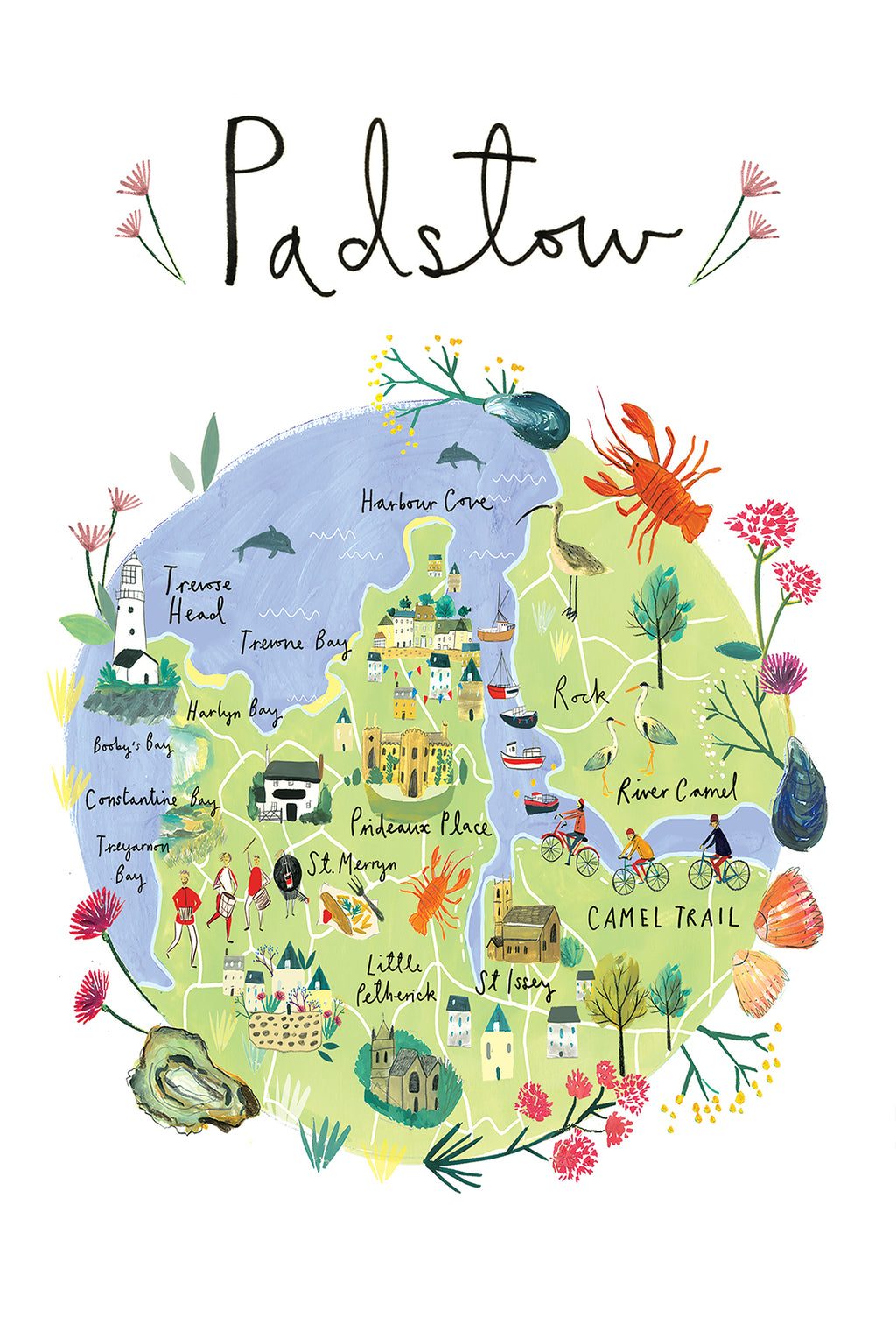 Tea Towel-CR02TT - Padstow Map Tea Towel-Clair Rossiter