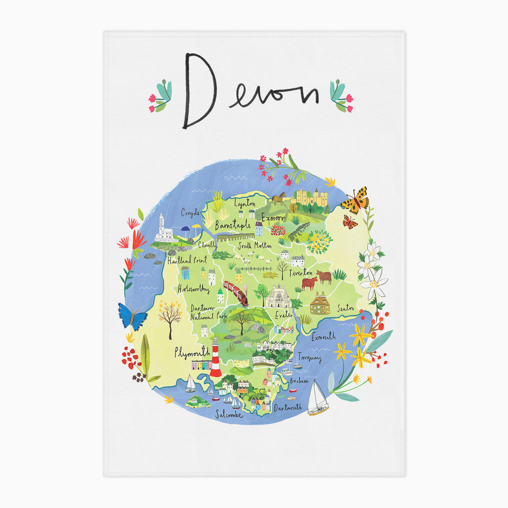 Tea Towel-CR04TT - Devon Map Tea Towel-Clair Rossiter