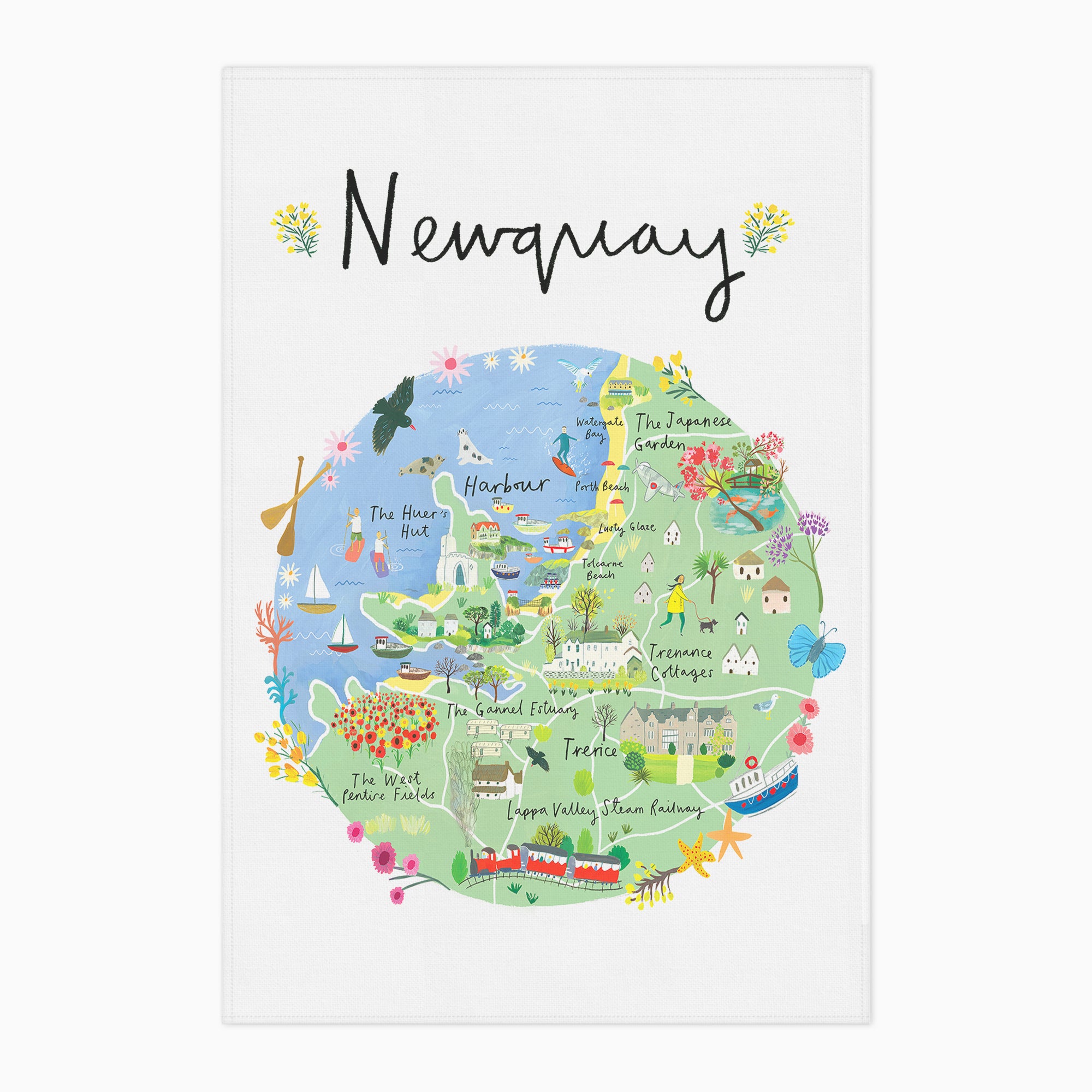Tea Towel-CR06TT - Newquay Map Tea Towel-Clair Rossiter