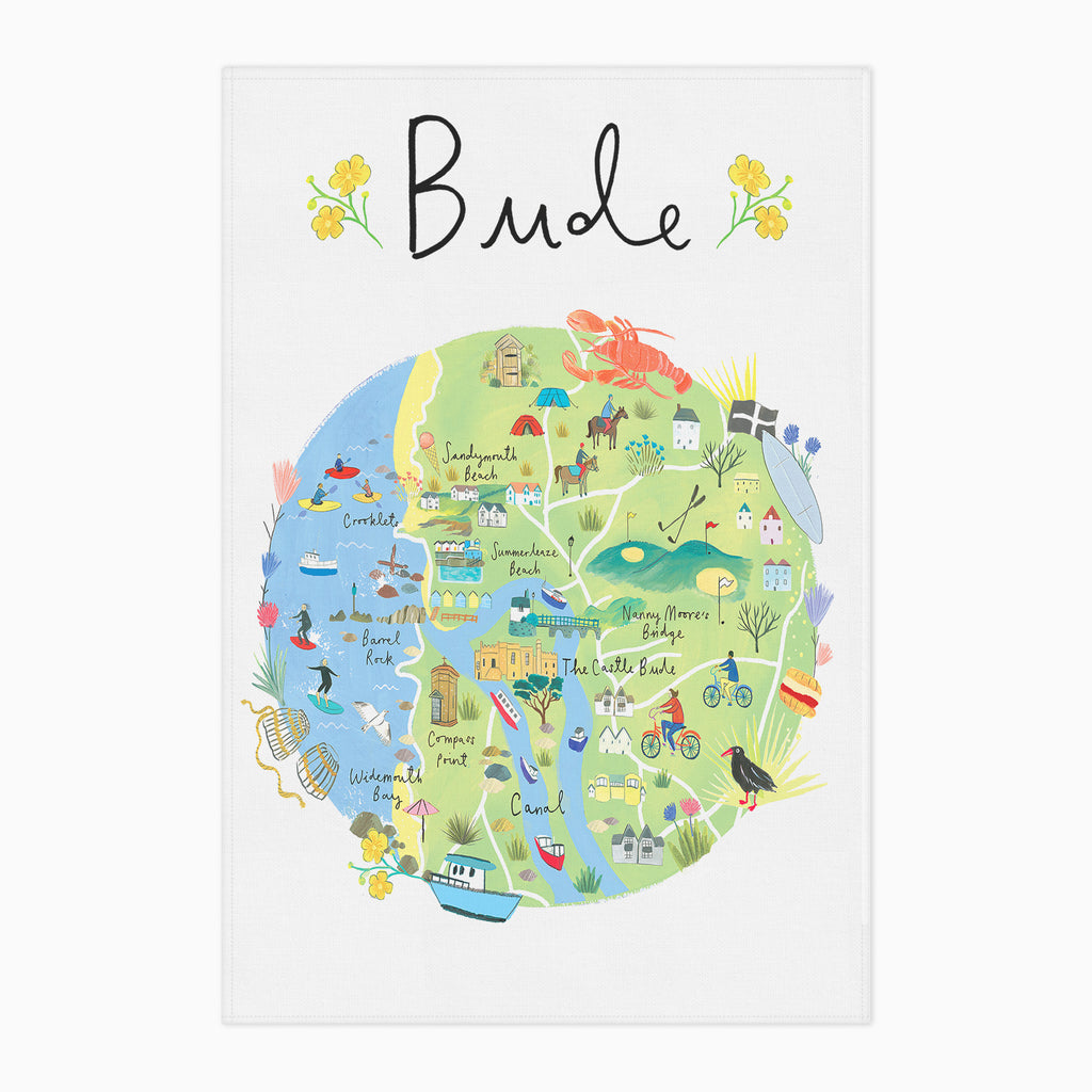 Tea Towel-CR08TT - Bude Map Tea Towel-Clair Rossiter