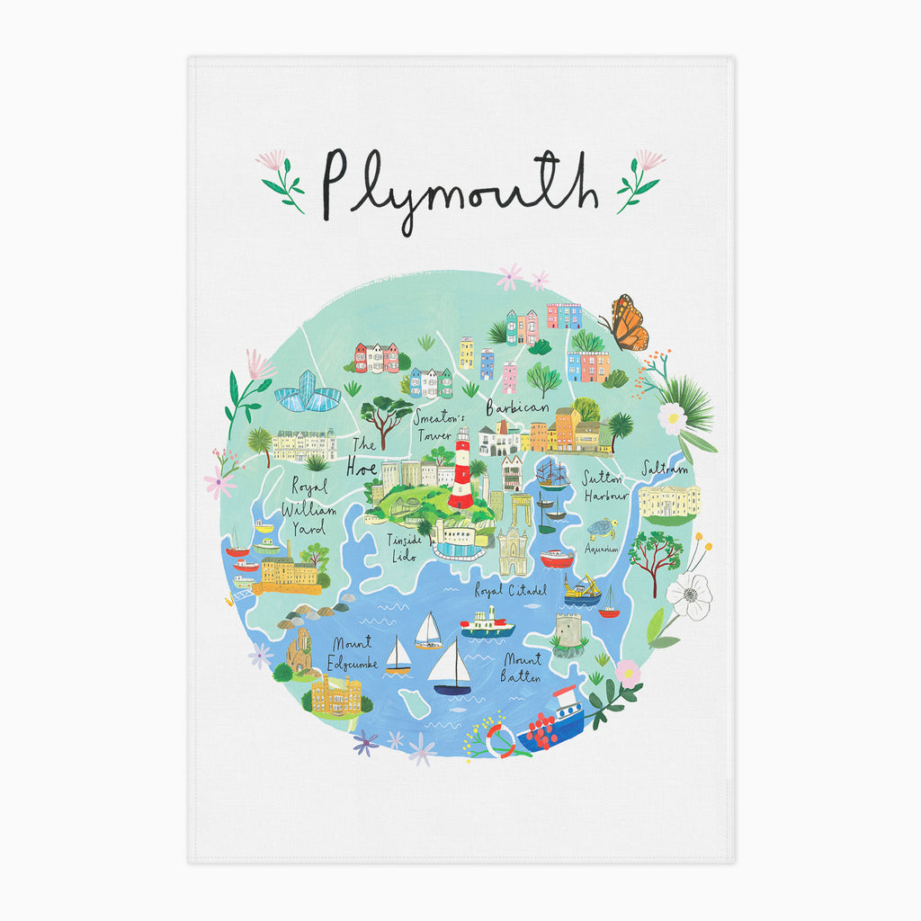 Tea Towel-CR12TT - Plymouth Map Tea Towel-Clair Rossiter
