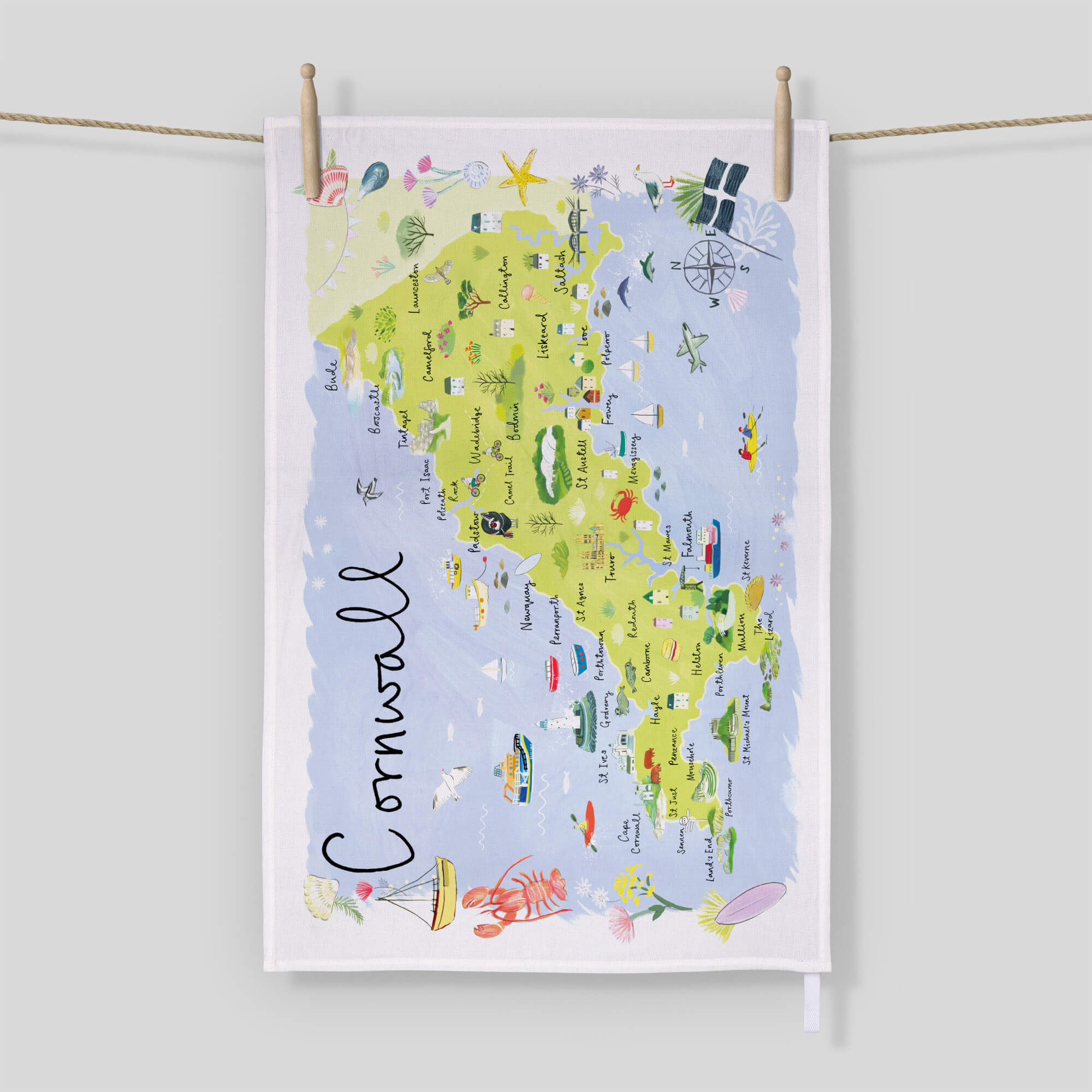 Tea Towel-CR19TT - Cornwall Map Tea Towel-Whistlefish