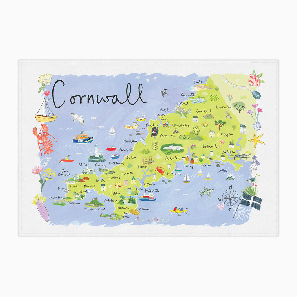 Tea Towel-CR19TT - Cornwall Map Tea Towel-Clair Rossiter