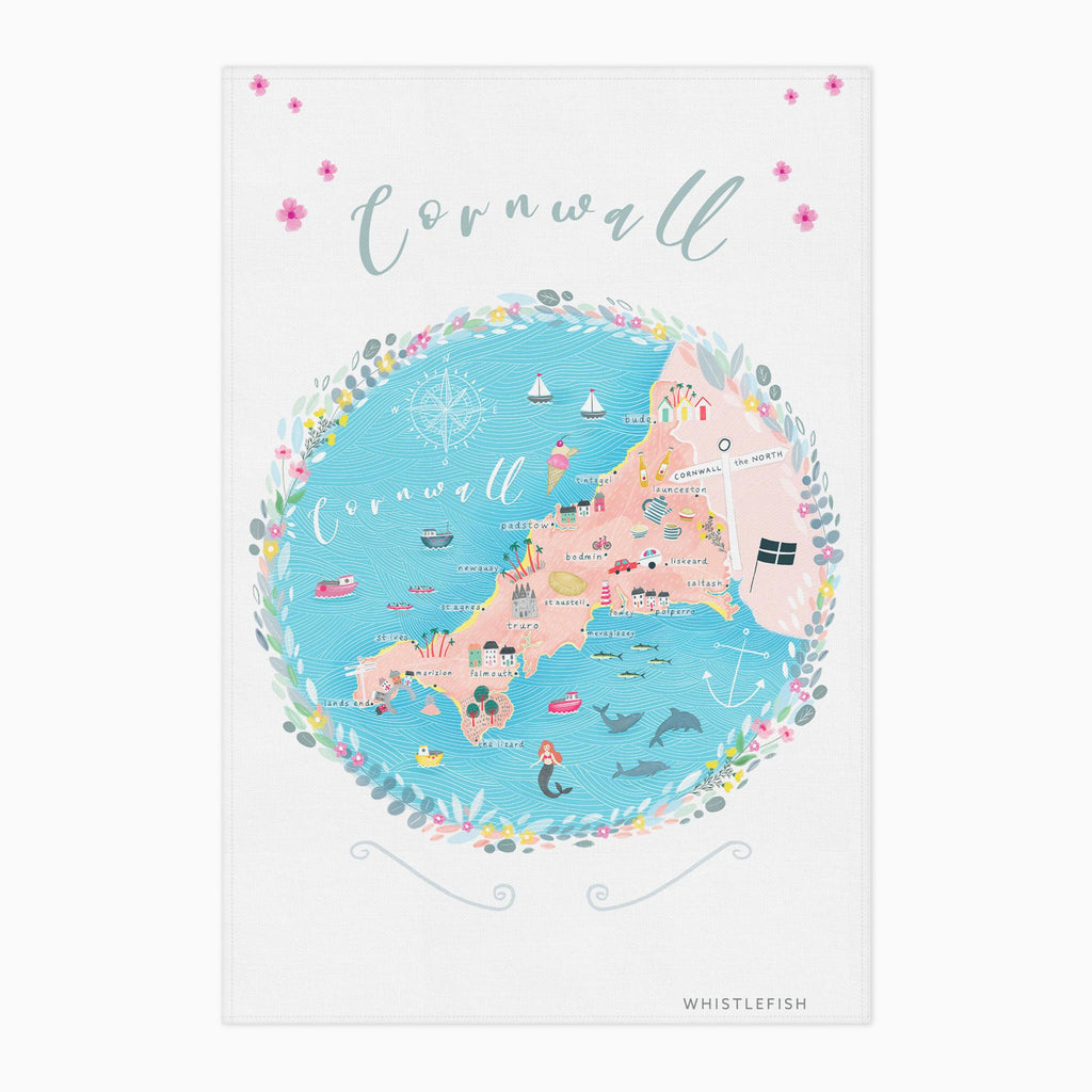 Tea Towel-WTT129 - Cornwall Map Tea Towel-Whistlefish