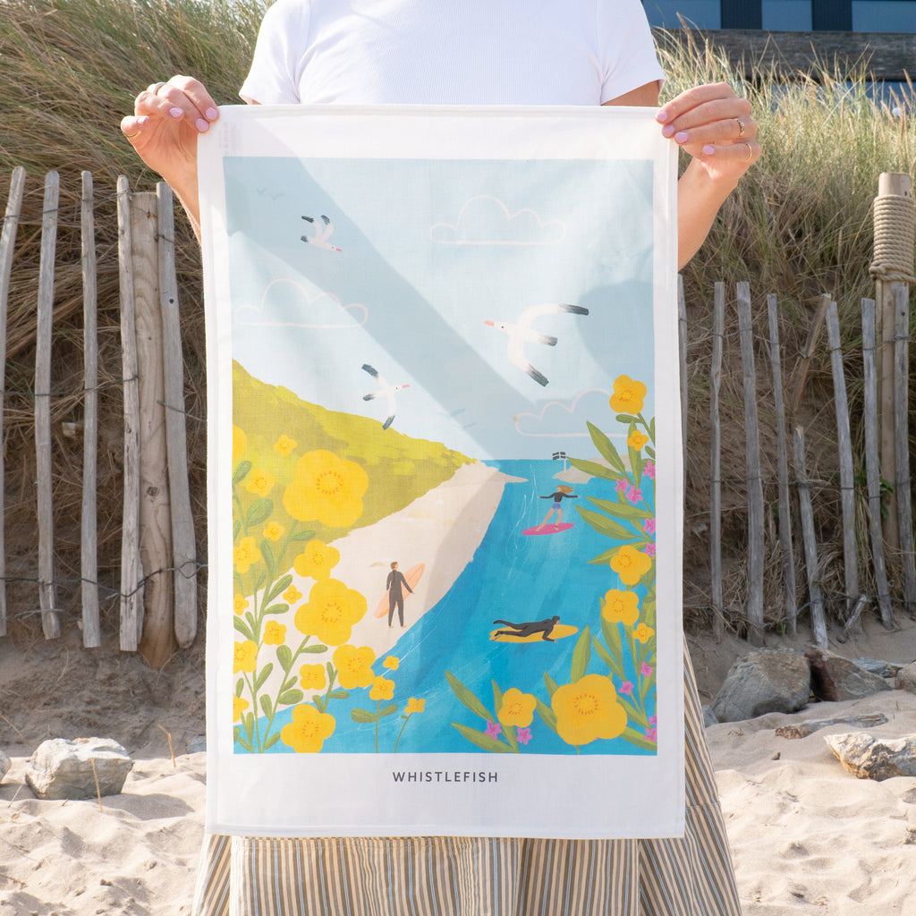 Tea Towel-WTT287 - Cornish Coastal Surfers Tea Towel-Whistlefish