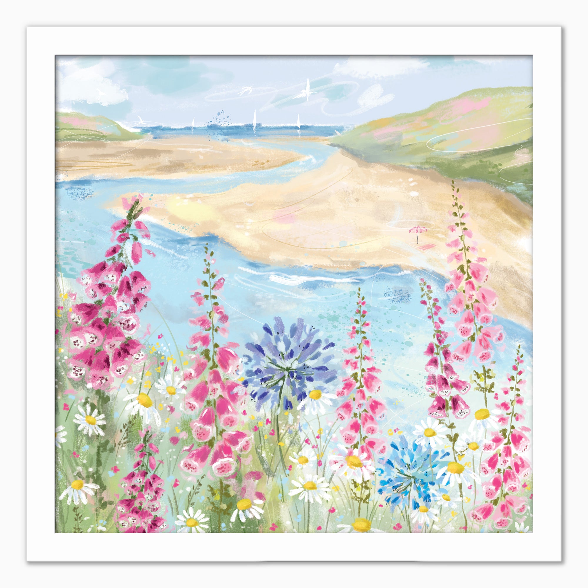 Foxgloves by the Beach framed print featuring pink foxgloves, daisies, and blue flowers overlooking a sandy coastal bay.
