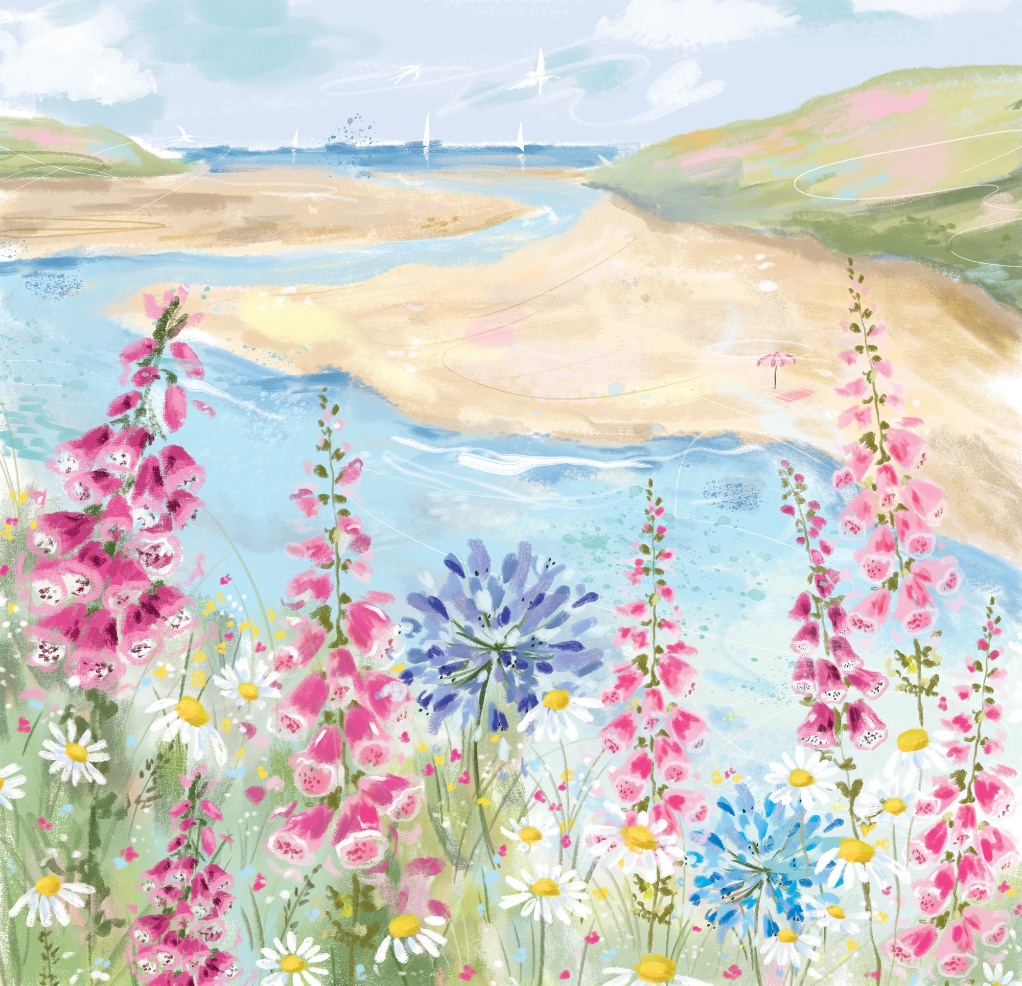 Framed print of Foxgloves by the Beach featuring pink foxgloves, blue agapanthus, and daisies overlooking a sandy bay.