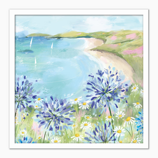 Agapanthus by the Beach framed print featuring blue agapanthus and white daisies overlooking a coastal bay with sailboats.