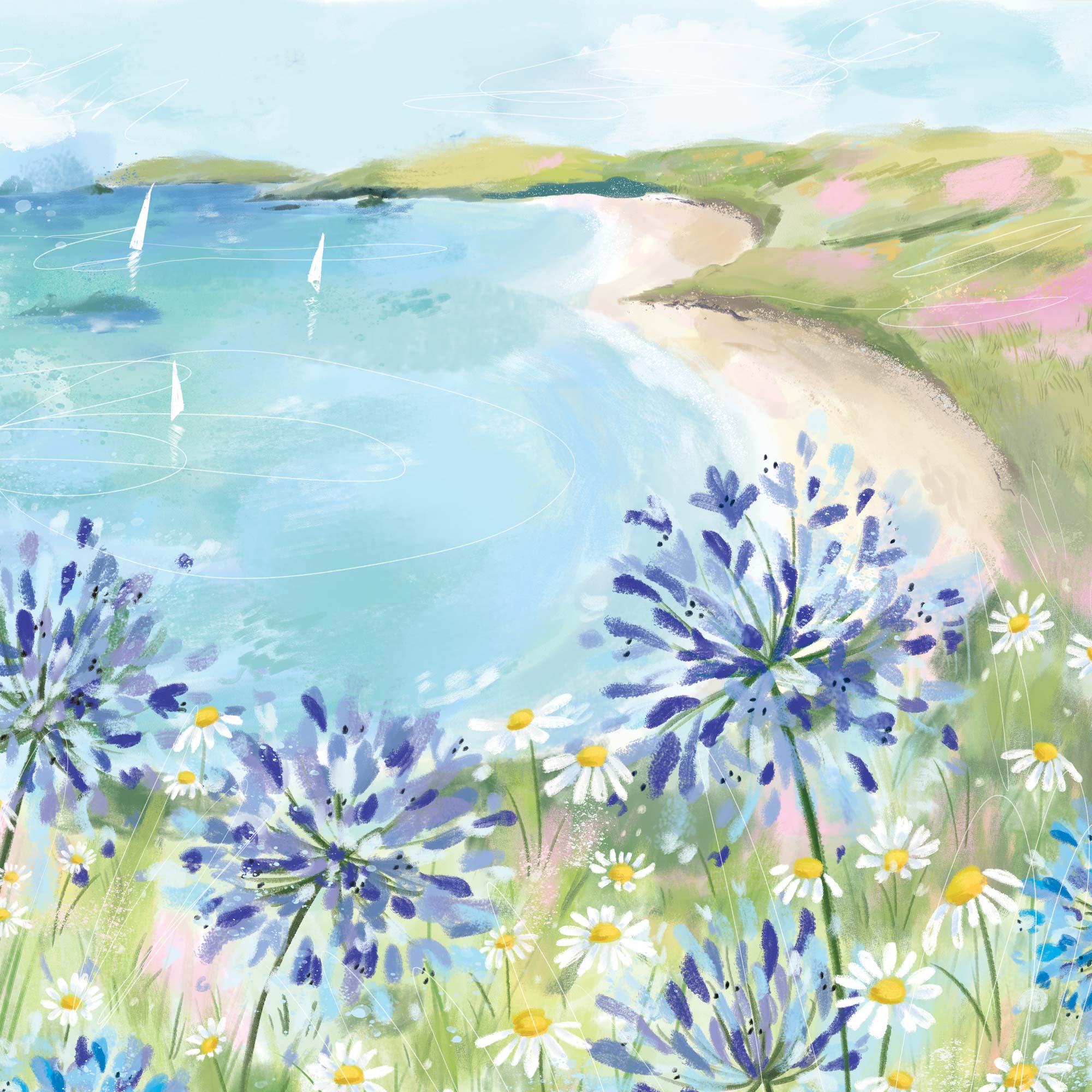 Agapanthus by the Beach framed print featuring blue agapanthus and white daisies overlooking a coastal bay with sailboats.