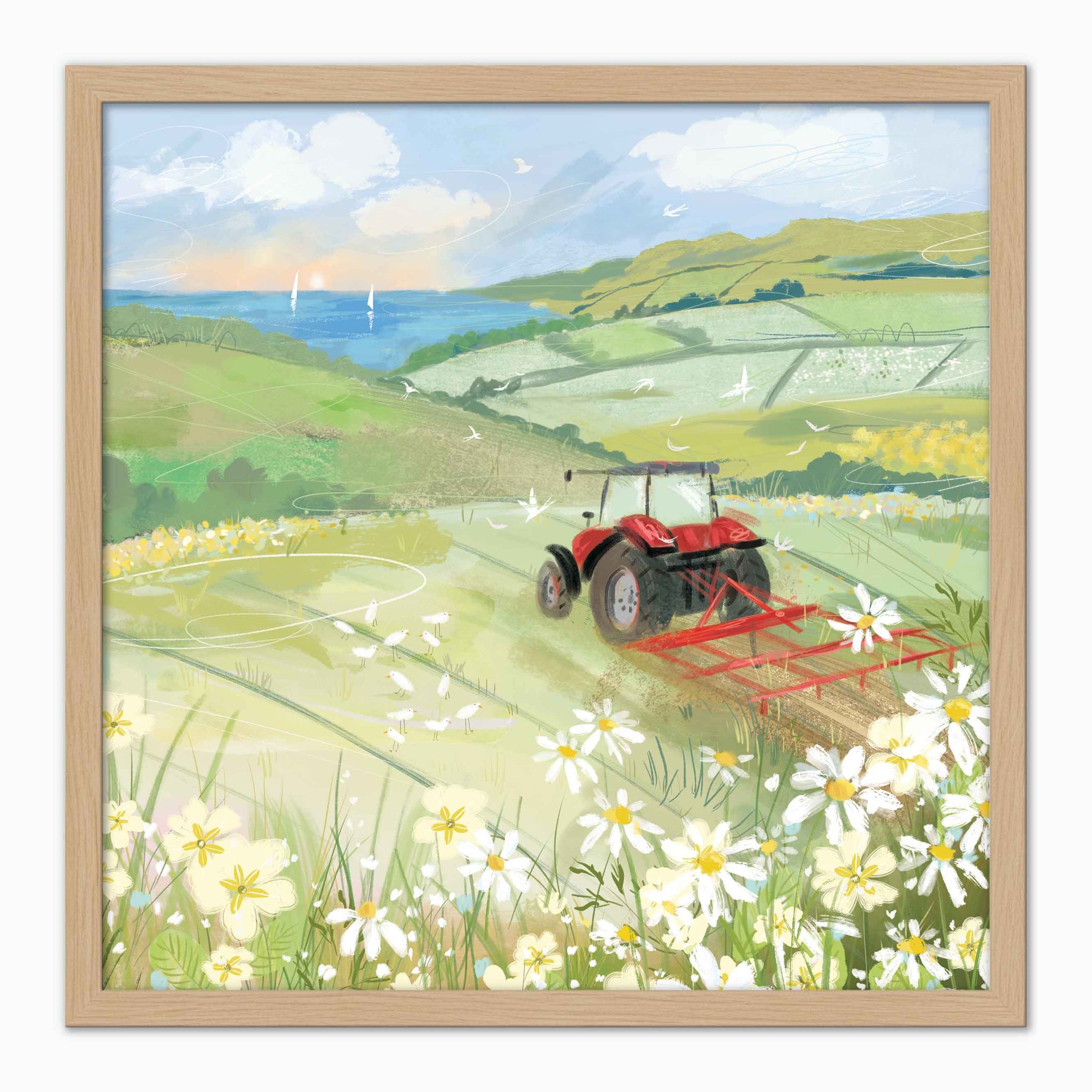 View from the Tractor framed print featuring a red tractor in a green field with white daisies and a coastal landscape.