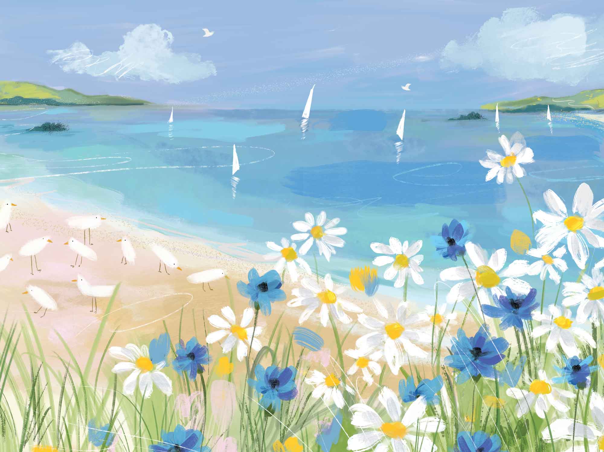 Clifftop Daisies framed print featuring white daisies and blue cornflowers overlooking a sunny coastal beach scene.