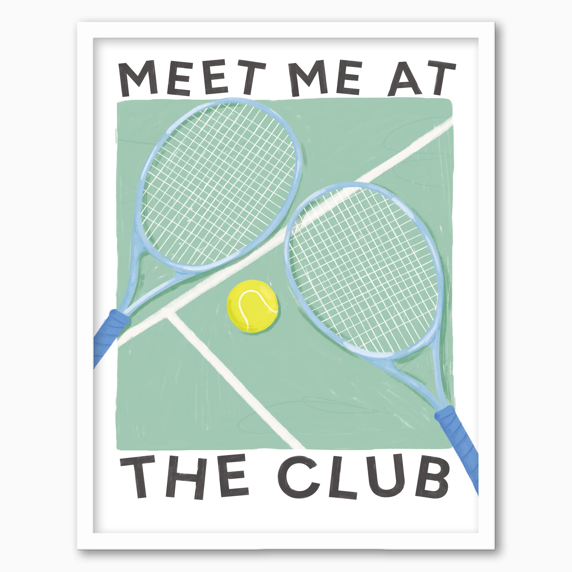 Meet Me At The Club blue framed print featuring two tennis rackets and a yellow ball on a green court illustration.