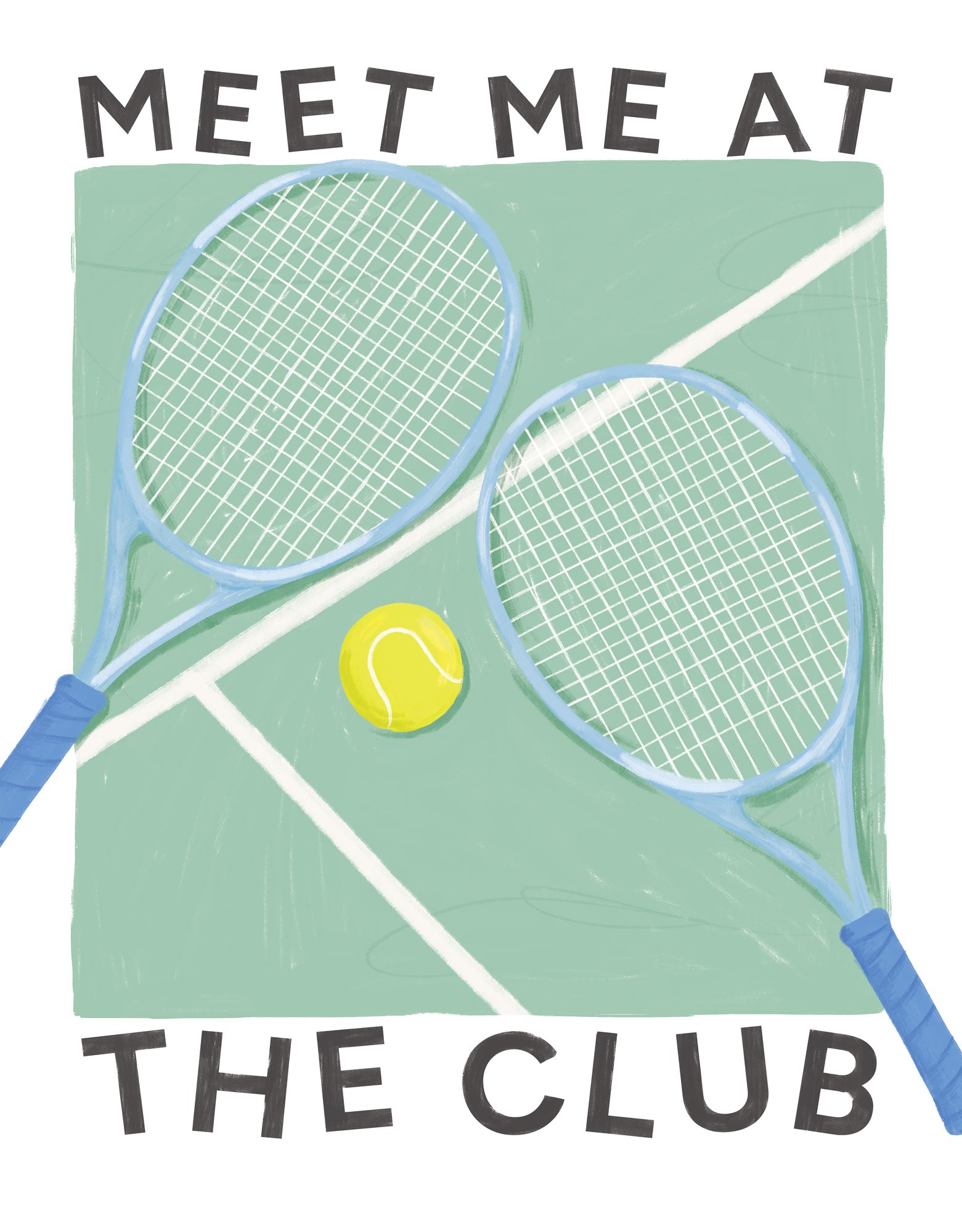 Meet Me At The Club framed print featuring two blue tennis rackets and a yellow ball on a green court background.