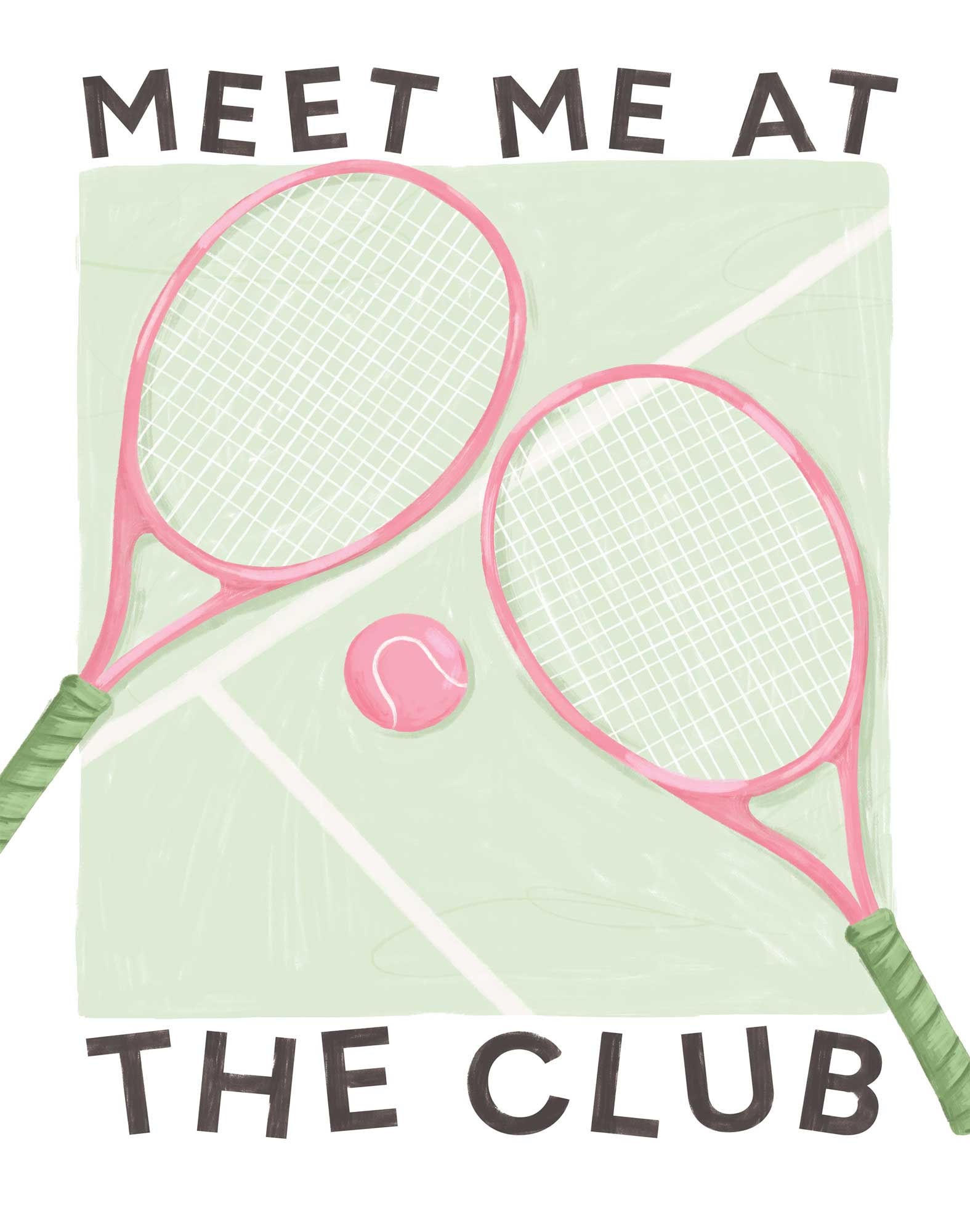 Meet Me At The Club framed print featuring two pink tennis rackets and a ball on a pale green court background.