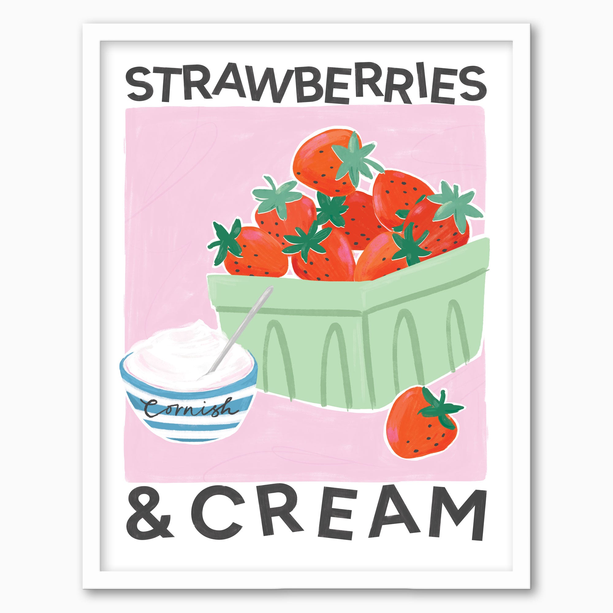 Strawberries & Cream framed print featuring red strawberries in a green punnet and a blue striped bowl of cream on pink.