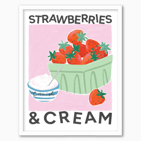 Strawberries & Cream framed print featuring red strawberries in a green punnet and a blue striped bowl of cream on pink.