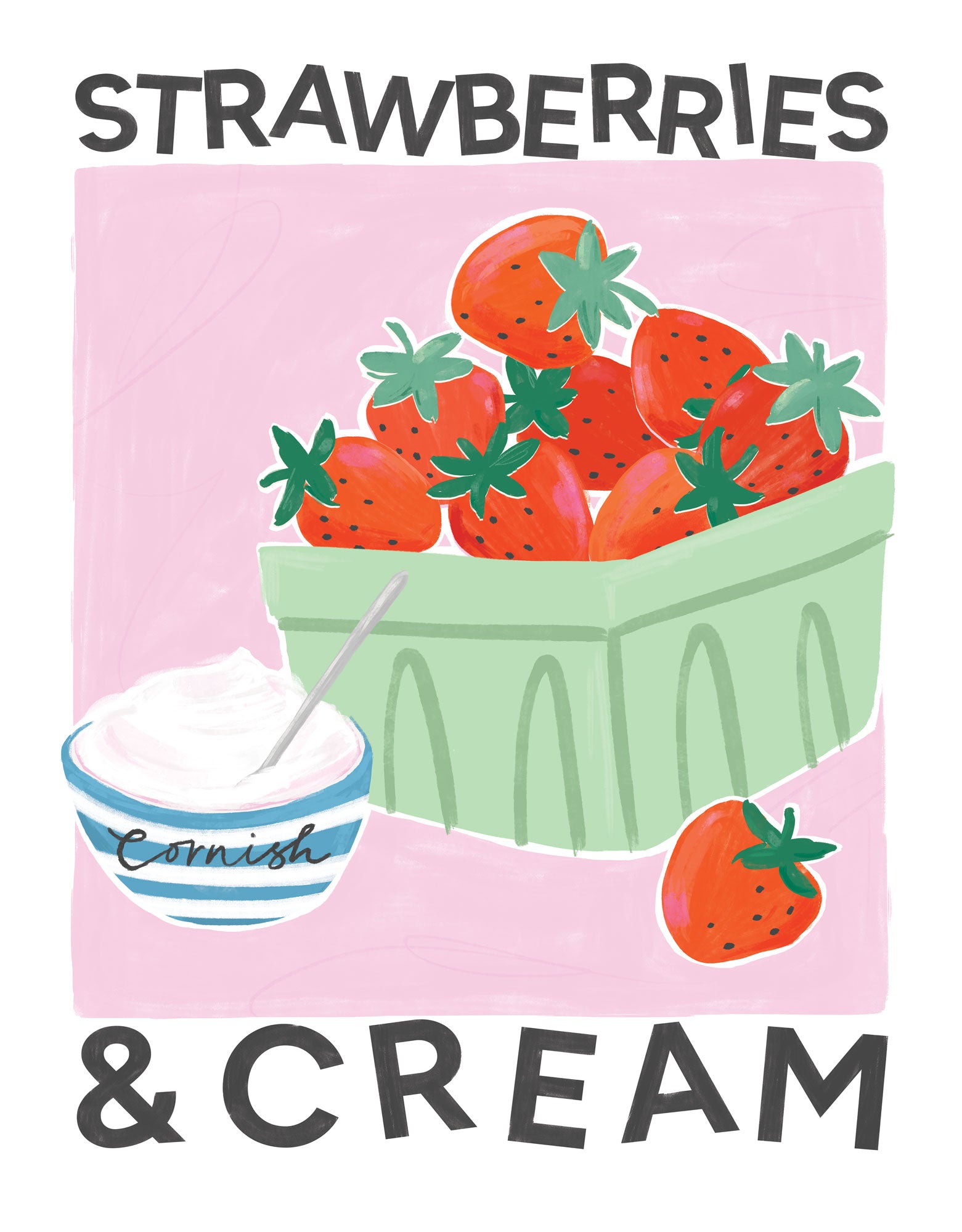 Strawberries & Cream framed print featuring a punnet of red strawberries and a bowl of Cornish cream on a pink background.