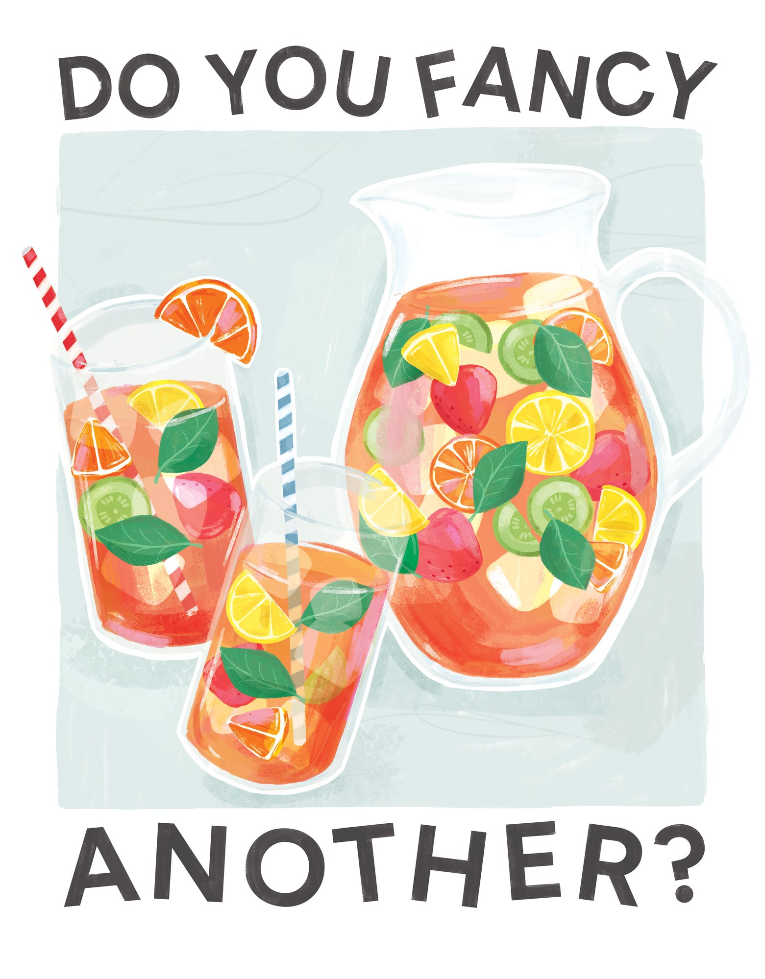 Summer Punch framed print featuring a jug and two glasses of fruit-filled punch with the text Do You Fancy Another?