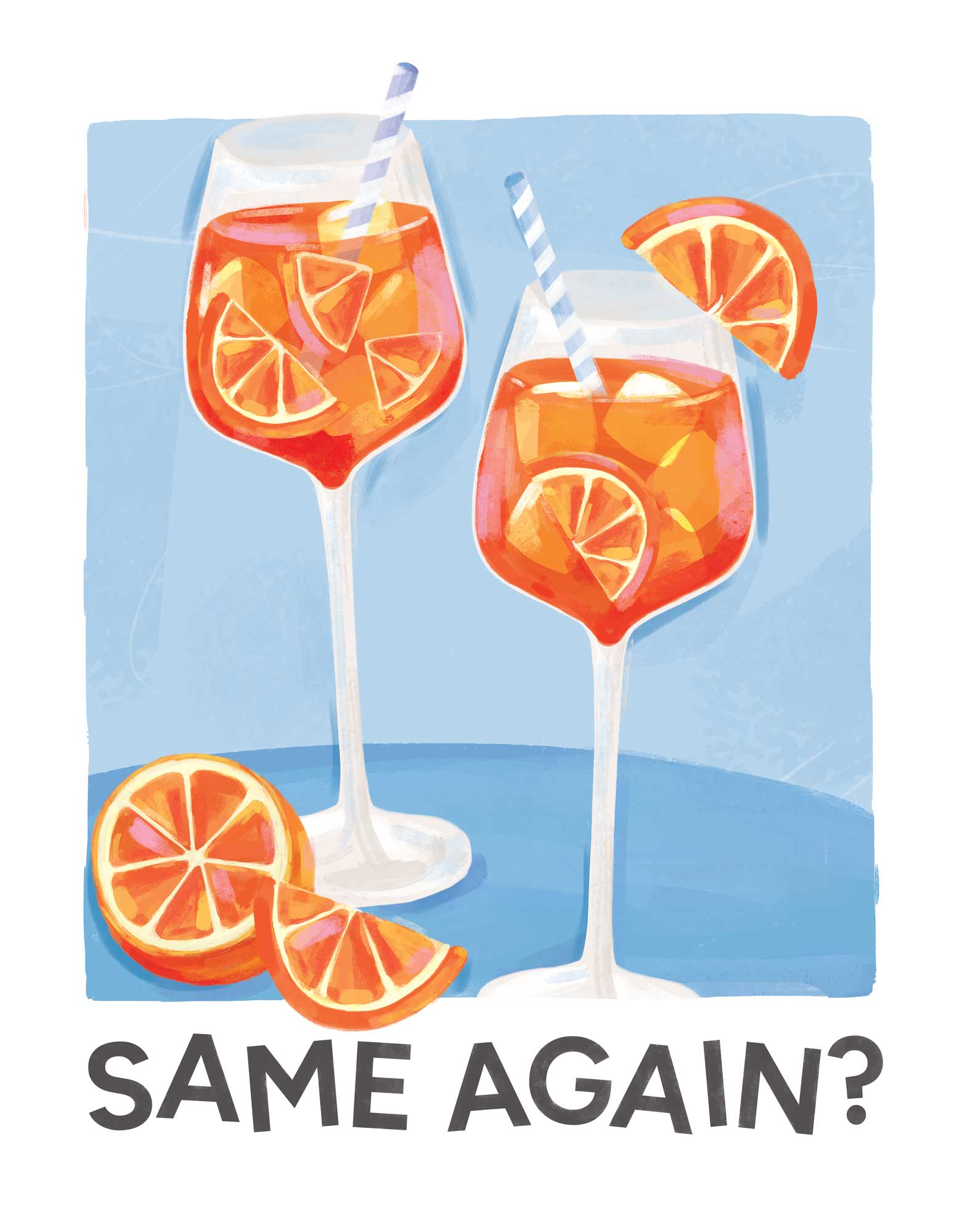 Same Again framed print featuring two orange Aperol spritz cocktails with striped straws and orange slices on blue.