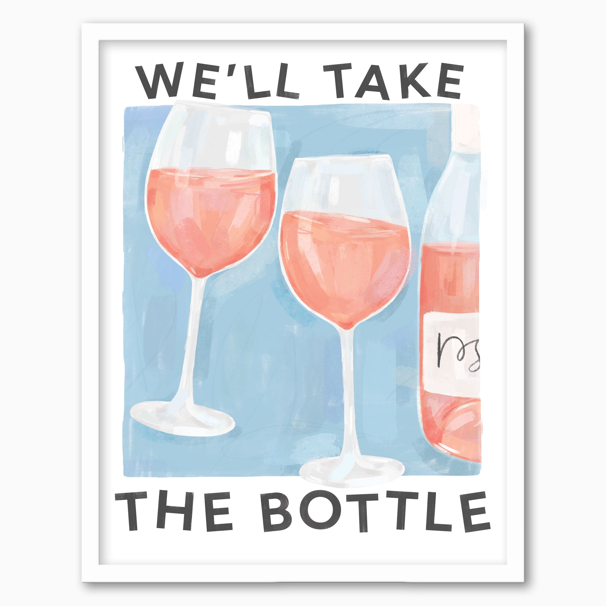 Take The Bottle framed print featuring two glasses of rosé wine and a bottle against a blue background.
