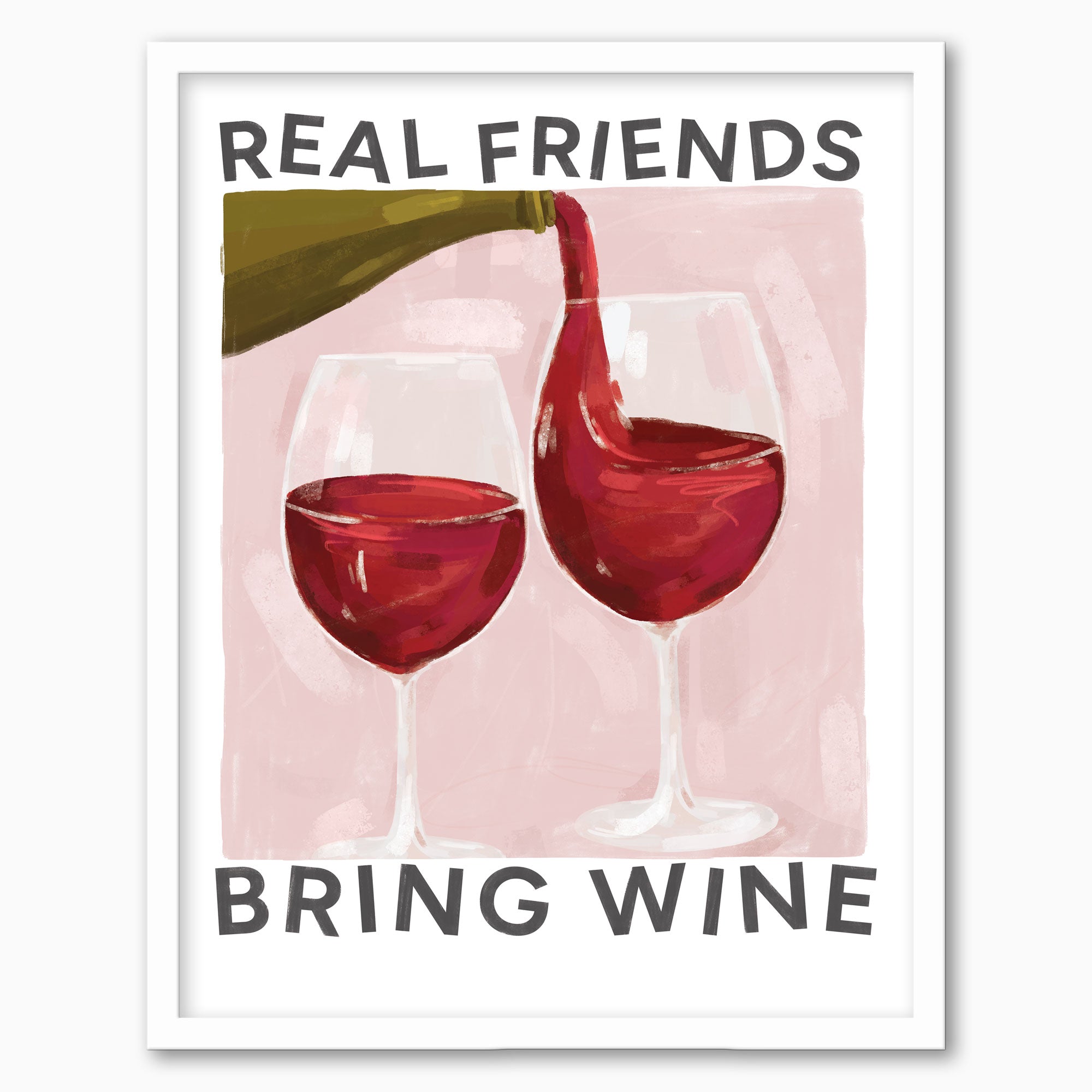 Bring Wine framed print featuring a bottle pouring red wine into two glasses against a soft pink background.