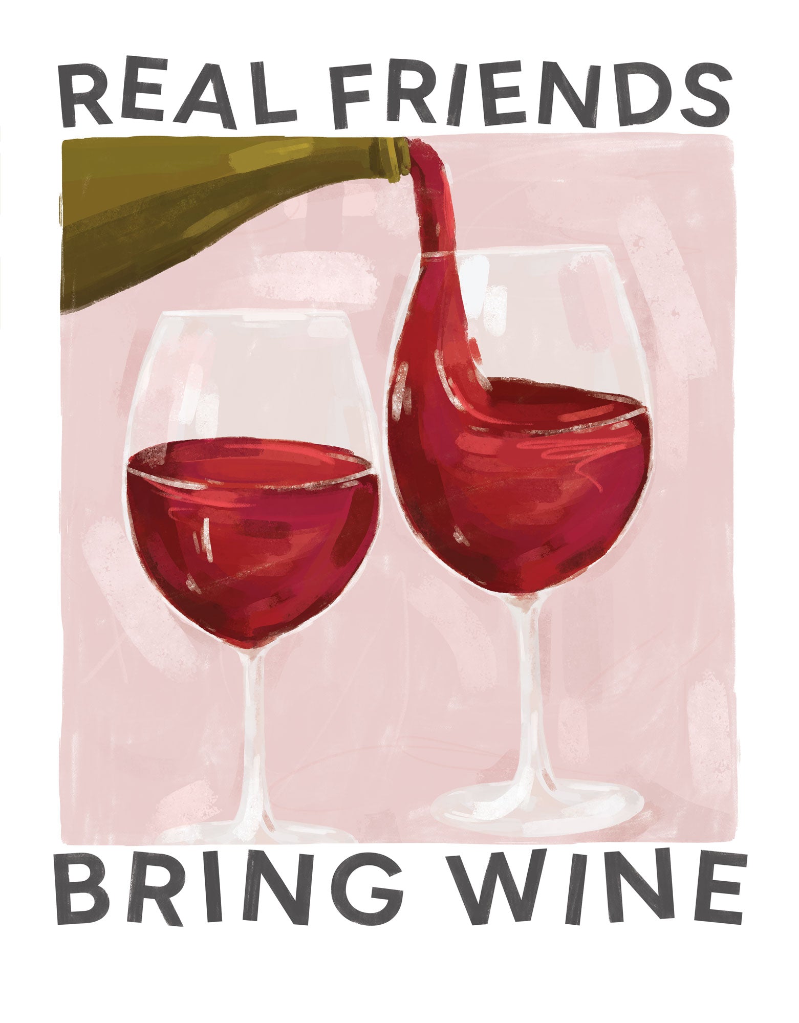 Bring Wine framed print featuring two glasses of red wine being poured on a soft pink background with black text.