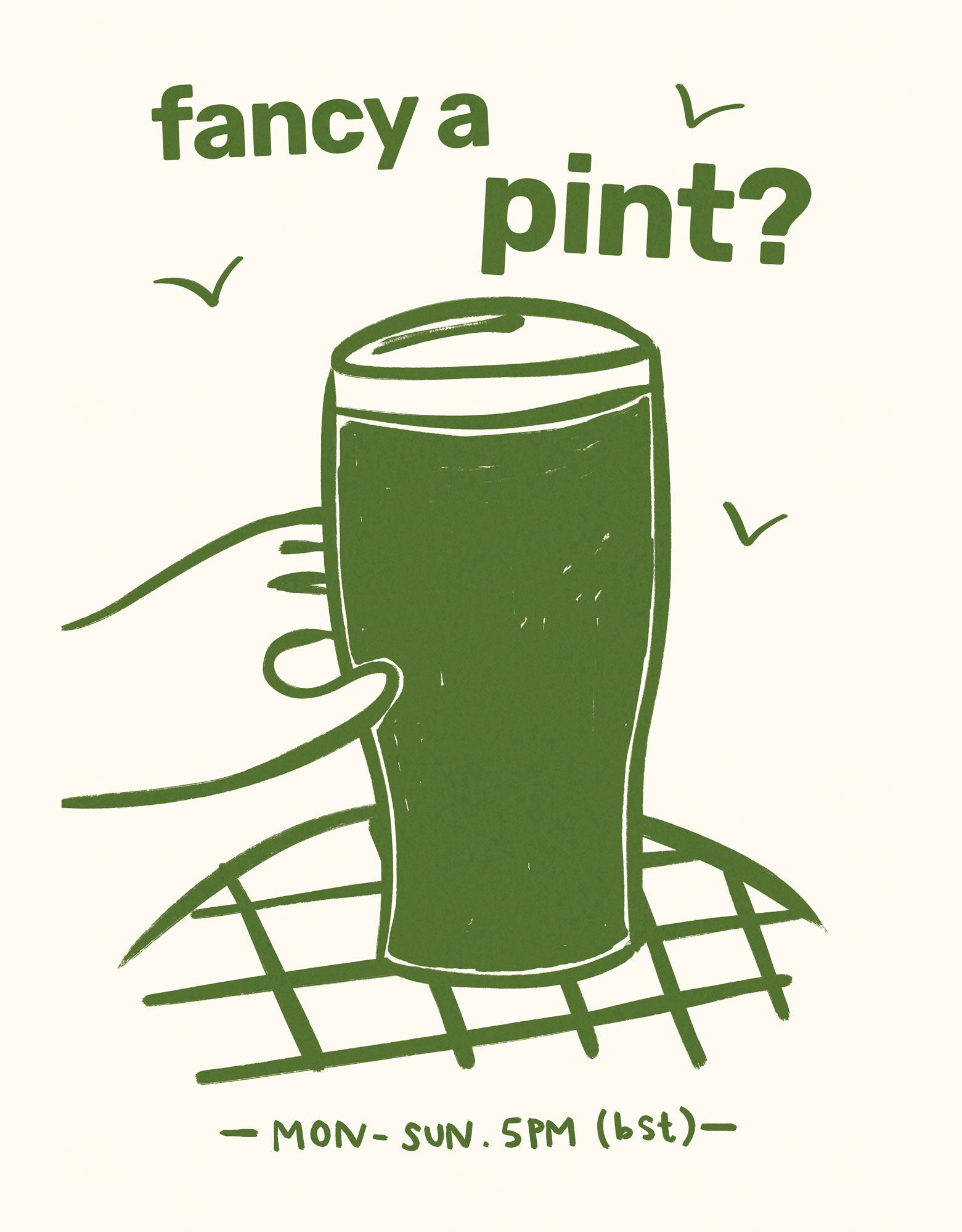 Fancy a Pint? framed print featuring a green line drawing of a hand holding a pint glass on a table against a cream background.