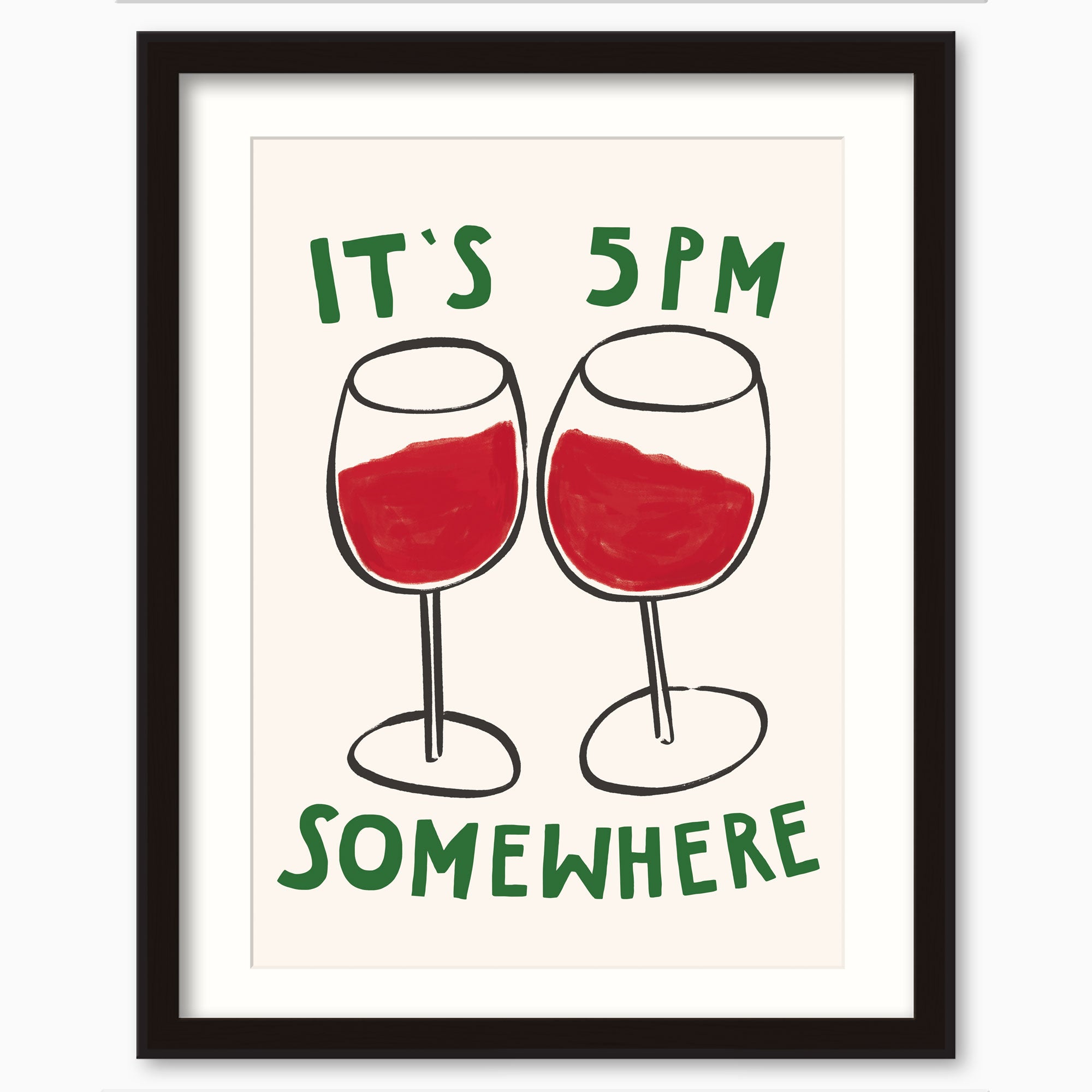 5pm Somewhere framed print featuring two wine glasses filled with red wine and green text on a cream background.