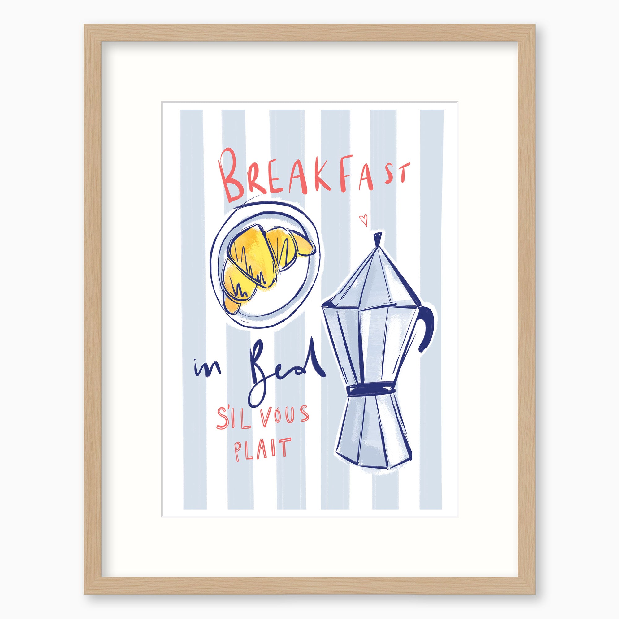 Breakfast in Bed framed print featuring a croissant and coffee pot illustration on a blue striped background.