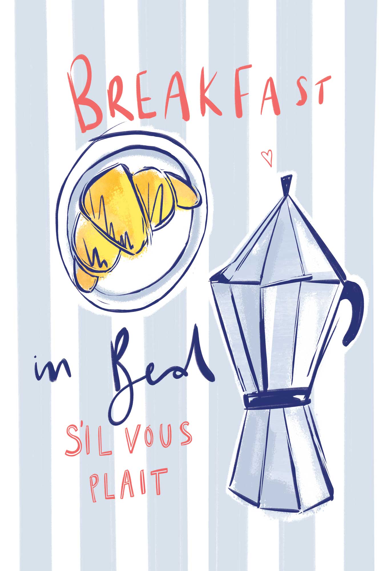 Breakfast in Bed framed print featuring a yellow croissant and moka pot illustration on a blue and white striped background.