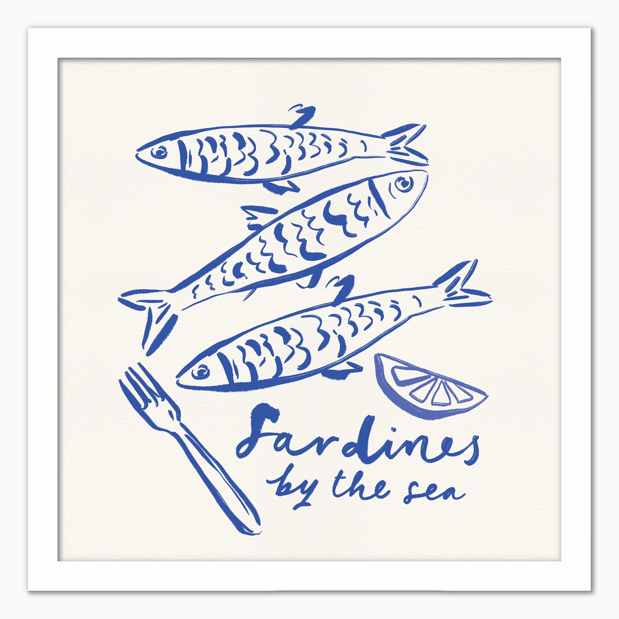 Sardines By The Sea framed print featuring blue ink illustrations of three sardines, a fork, and a lemon slice.